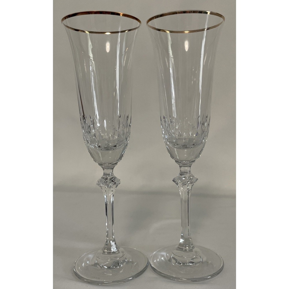 Pair of Cut Crystal Gold Rim Champagne Flutes Wedding Toast
